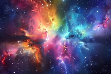Naklejka premium A vibrant cosmic scene depicting colorful nebulae and stars in deep space.