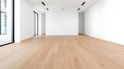 Fototapeta premium Empty modern interior room with an empty white wall and wooden floor mock up