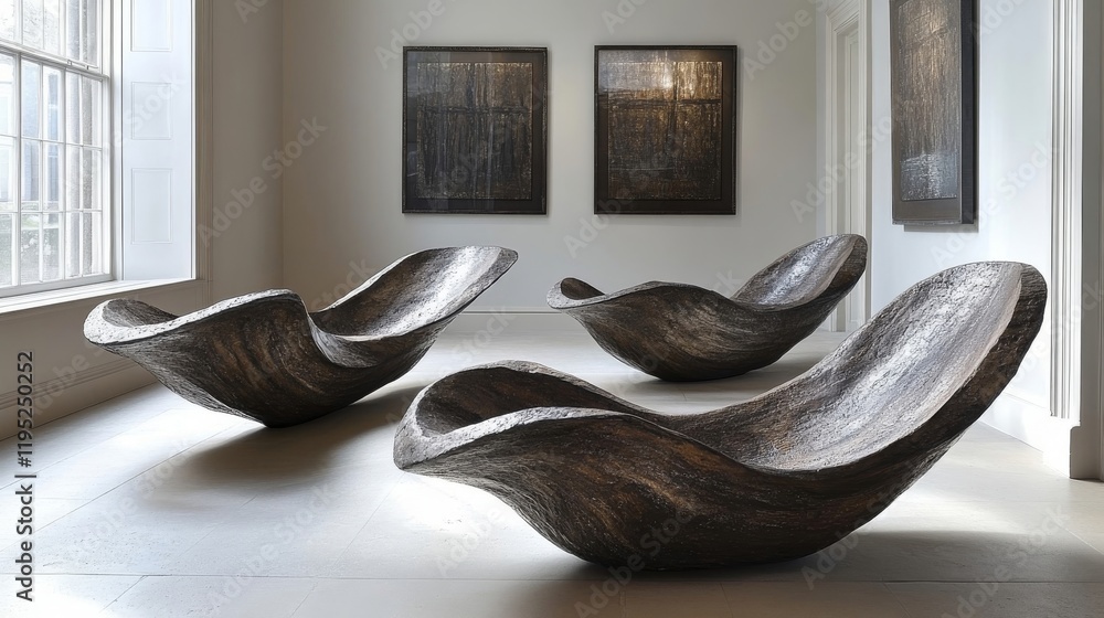 Poster sculptural forms in a minimalist gallery setting