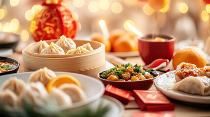 Delicious chinese dumplings and festive dishes home kitchen food photography cozy atmosphere close-up culinary traditions