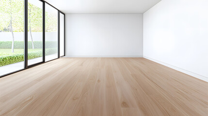 Empty modern interior room with an empty white wall and wooden floor mock up
