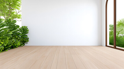 Empty modern interior room with an empty white wall and wooden floor mock up