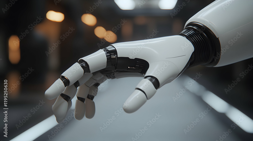 Poster close-up of a futuristic robotic hand reaching, showcasing advanced technology and artificial intell
