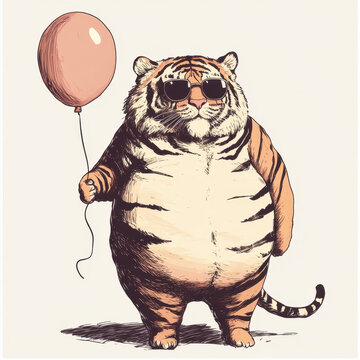 playful fat tiger wearing sunglasses holds pink balloon, exuding charm and fun