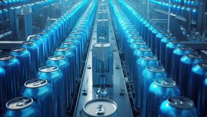 Obraz premium Assembly Line Efficiency: Rows of gleaming blue aluminum cans move in a synchronized dance down a gleaming conveyor belt.