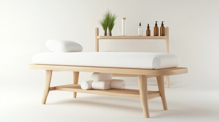 A modern massage room in light tones, with a comfortable wooden bed and accompanying cosmetics, in a minimalist style