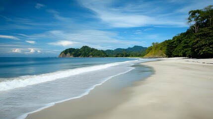 Serene Beach Landscape with Gentle Waves and Lush Greenery