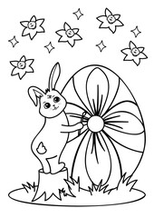 Bunny painting easter egg and flowers. Vector coloring page ready to print on standard A4 paper