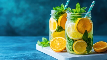 Fototapeta premium Orange lemon smoothie jars. Generative AI