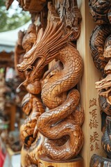 Naklejka premium Intricate wooden dragon carving, detailed scales.