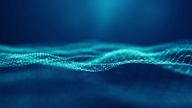 Abstract connected dots and lines on blue background. Communication and technology network concept with moving lines and dots. 