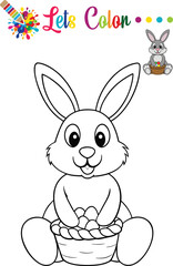 Charming Easter bunny in a basket filled with eggs, perfect for kids' coloring activities and preschool fun.

