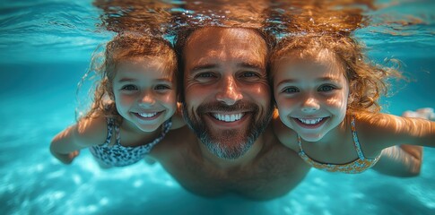 Happy family swimming underwater in a sparkling pool