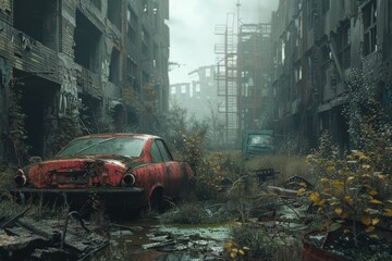Post apocalyptic city abandoned cars ruins decay overgrown nature grunge desolate dystopian environment urban wasteland forgotten world concept