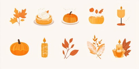 Thanksgiving icons with fall leaves, pies, corn, and candles in a playful and modern flat design style