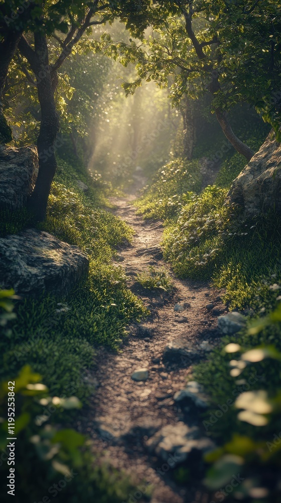 Poster winding hiking trail through a dense forest with sunlight filtering through the trees