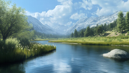 Naklejka premium A serene river in the middle of an outdoor nature scene, surrounded by lush greenery and towering mountains. The water reflects the sky above with clear detail.