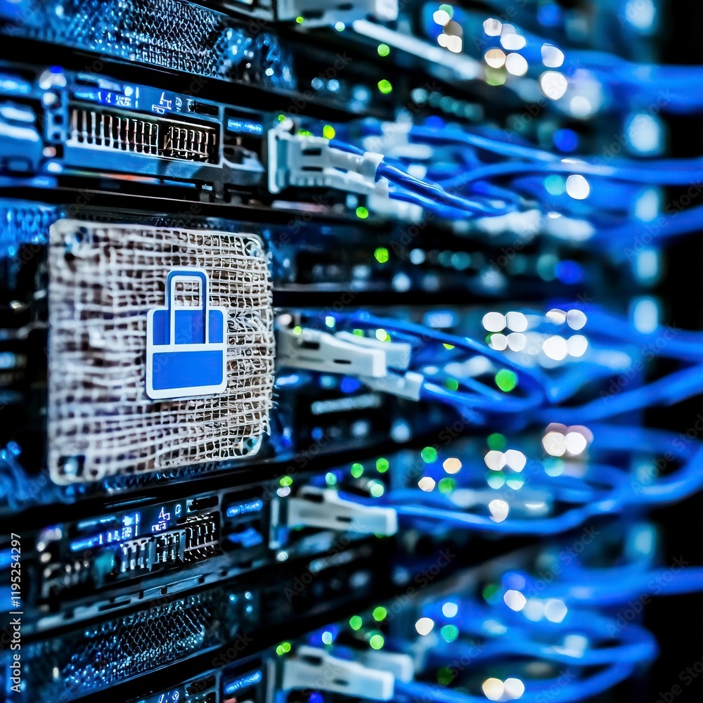 Poster secure data center server room with network security icon