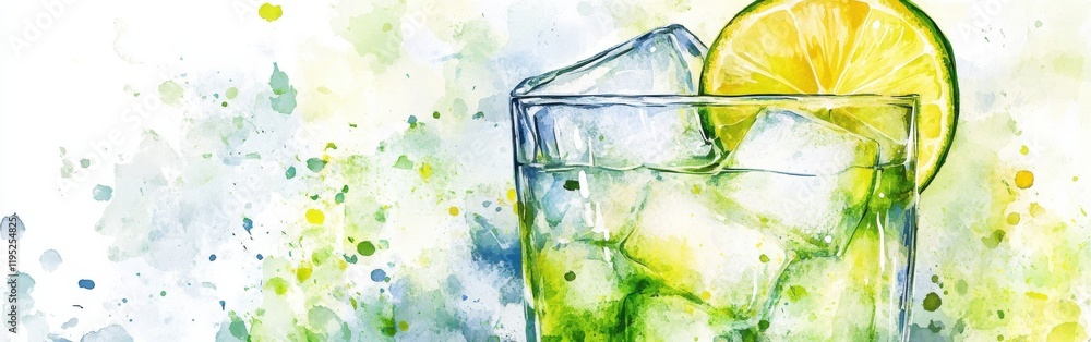 Poster Refreshing close-up of a vibrant glass of lemonade with lime slice and ice cubes against a colorful watercolor background