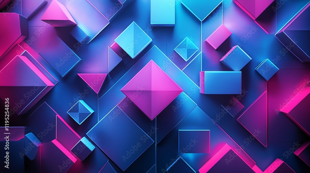 Poster 3d geometric background with overlapping shapes, triangles, and squares, shifting between neon color