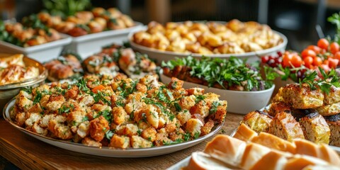 Fototapeta premium Thanksgiving stuffing on a serving platter, garnished with parsley and displayed alongside other holiday dishes