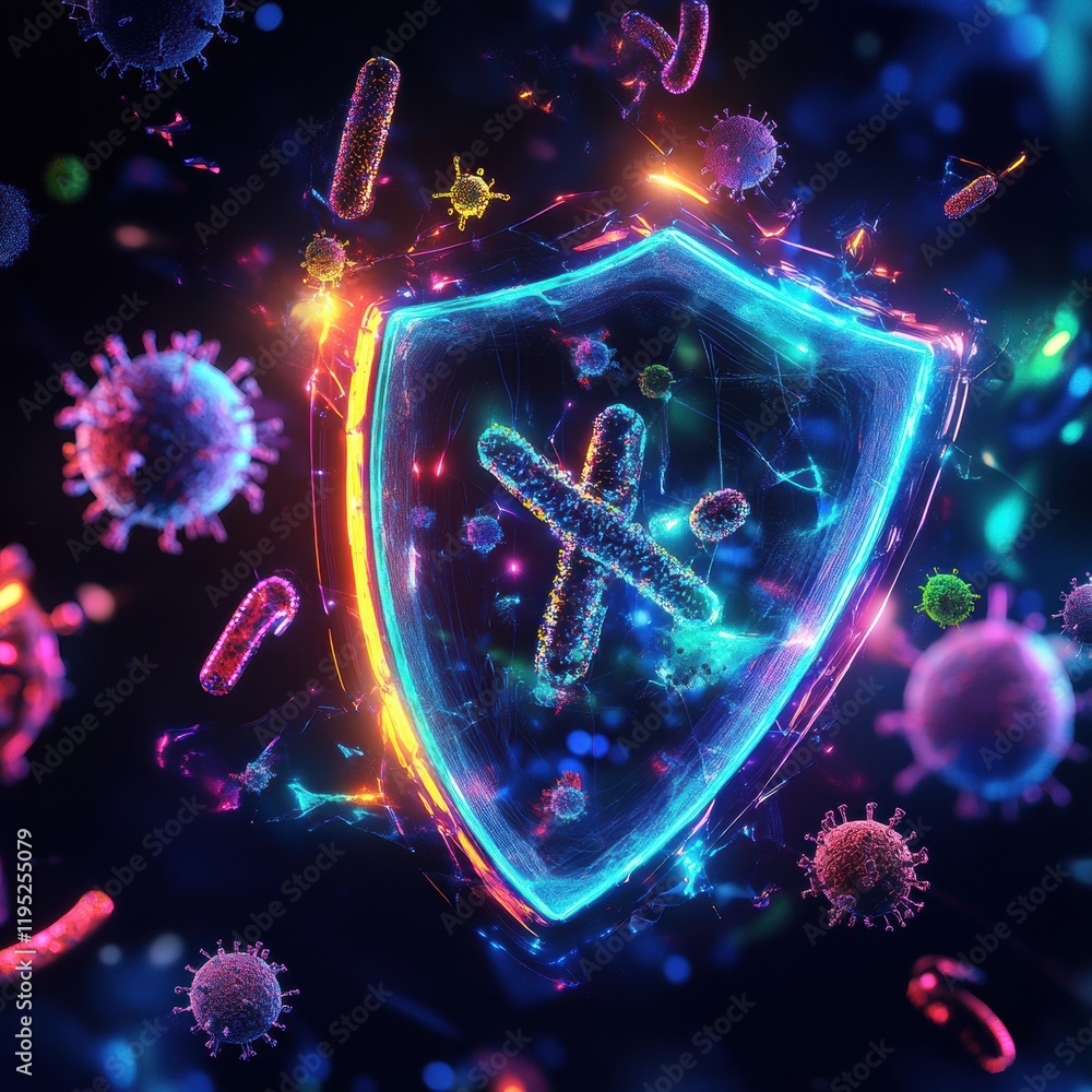 Aufkleber shield technology defending against harmful microbes in a vibrant digital landscape. generative ai