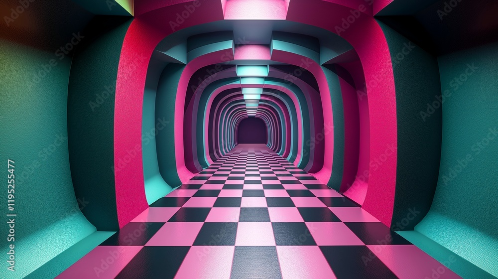 Poster optical illusion in 3d with squares and triangles stacked in a visually complex pattern, glowing bri