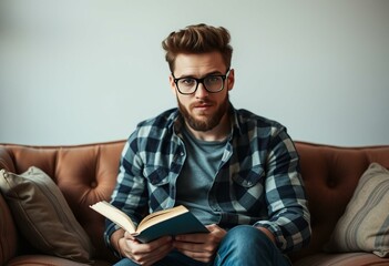 Hipster man sitting on a vintage couch with a book