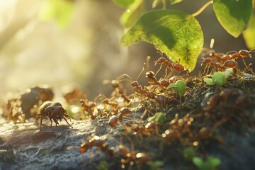 Many ants carrying insect, sunlight, green leaves.