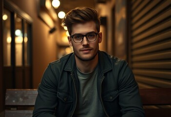 Obraz premium Relaxed male hipster in dimly lit alleyway