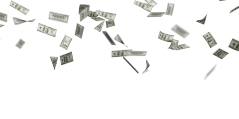 falling 100 American dollars on transparent background