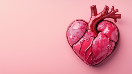 Anatomical vanguard glamorous plastic texture glossy pop red heart isolated on pink background