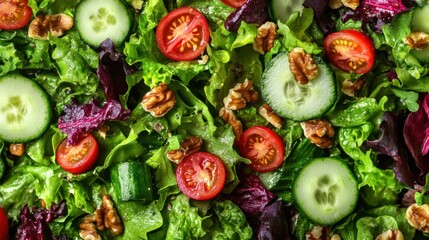A close-up of a colorful salad, featuring mixed greens, cherry tomatoes