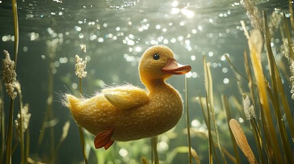 A fluffy yellow duckling swims underwater among aquatic plants