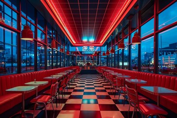 A vibrant diner interior with red booths and checkered floors, illuminated by neon lights.