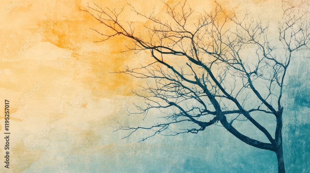 Poster minimalist tree silhouette with bare branches in gradient amber and blue tones represents tranquilit
