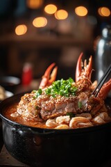 Southern Tiu Style Noodle Soup Featuring Pork and Seafood, Garnished with Fresh Herbs, Served in a Rustic Black Pot Surrounded by Warm Candlelight