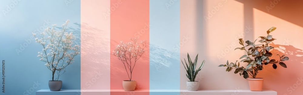 Poster Minimalist display of plants with soft gradient transitions from pastel blue to muted coral in a calming indoor space