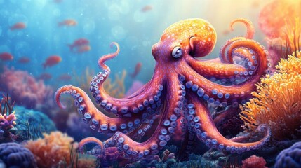 Curious octopus among vibrant coral.