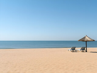 Fototapeta premium Beach Scene Photo: Tranquil Shore, Sunshade, and Loungers