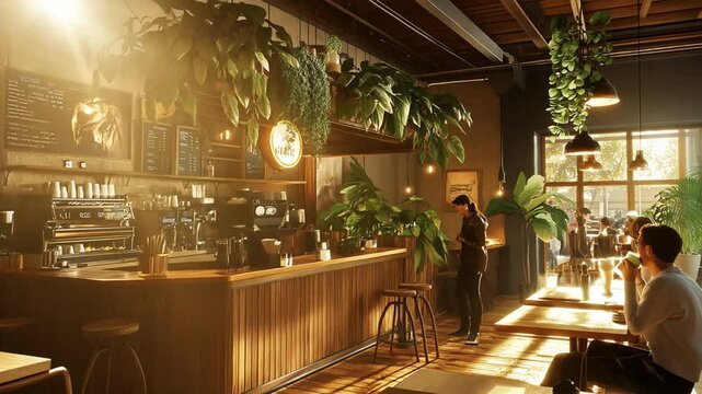 Sunlit, plant-filled cafe interior with wooden counter, espresso machine, bar stools, and customers enjoying coffee.