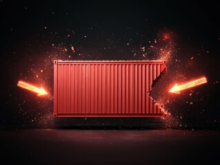A dramatic image featuring a red shipping container with explosive effects.