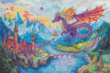 A vibrant fantasy landscape featuring a dragon, mountains, and a whimsical village by a river.