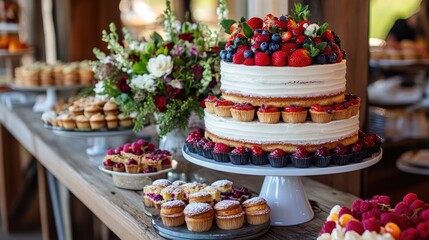 Naklejka premium Assorted homemade desserts, featuring frosted layer cakes, fruit tarts, and pastries, arranged on a rustic table