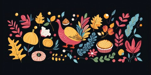 Fototapeta premium Vector design of Thanksgiving elements, including a turkey, pie, and fall foliage, in a modern and colorful flat style