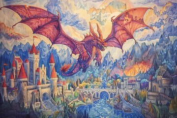 Naklejka premium A vibrant fantasy scene featuring a dragon soaring over a castle and a picturesque landscape.