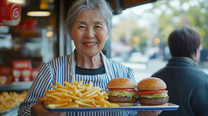 ハンバーガーショップで働くシニア女性