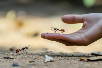 Fototapeta premium Two ants near hand; one on outstretched palm.
