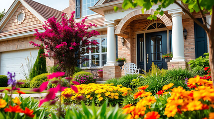 Vibrant Spring Home Exterior with Colorful Landscaping and Brick Facade