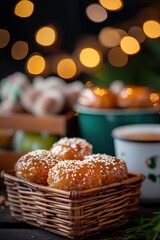 Sweet Sticky Rice Dessert with Sesame Seeds in a Rustic Basket Surrounded by Beautiful Bokeh Lights for a Cozy Atmosphere